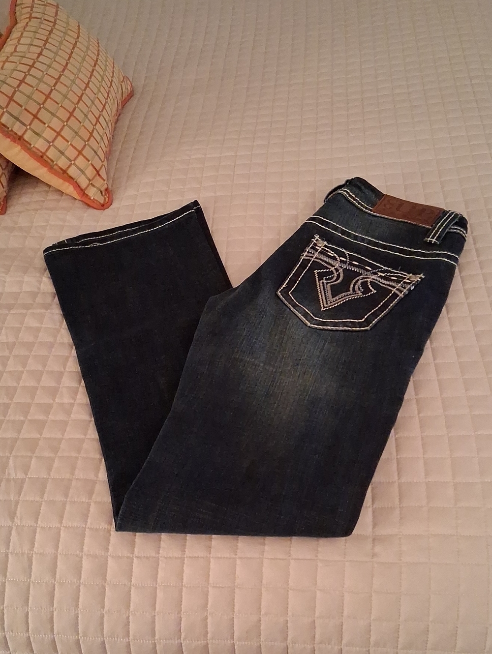 Women's Dark Indigo Boot Cut Jeans with Embroidered Pocket Sz. 25/34